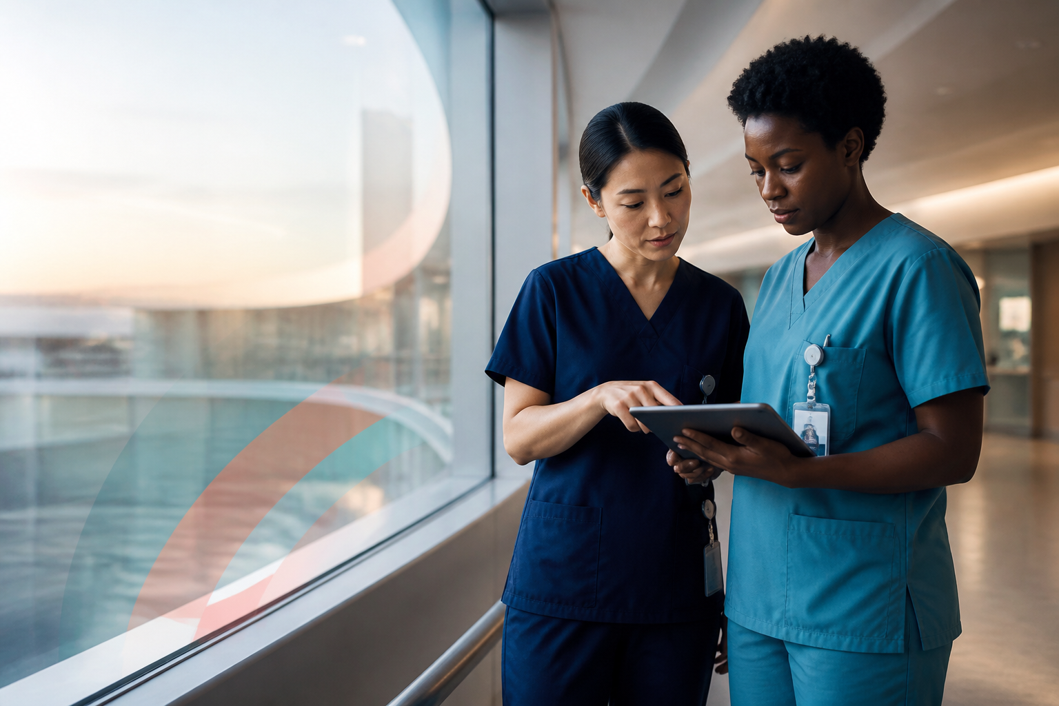 Two clinicians reviewing a patient handover together on a tablet